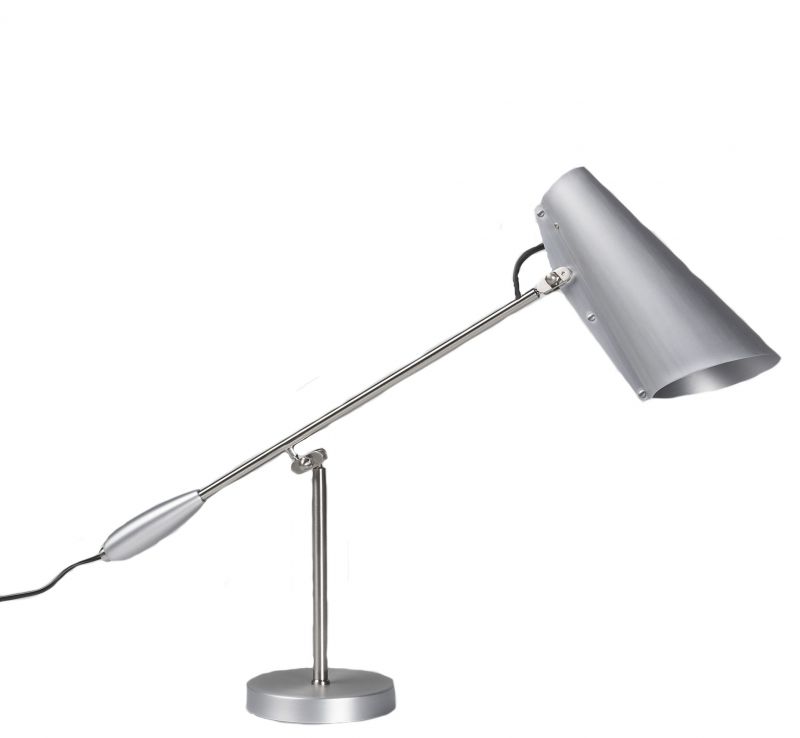 Silberne Birdy Tischleuchte, 70th Anniversary Edition, mit verstellbarem Arm und konischem Lampenschirm.